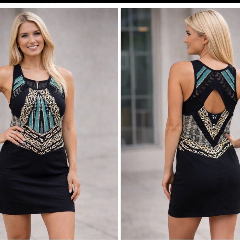 Free People Black Mini Dress with Teal & Gold Embroidery Accents